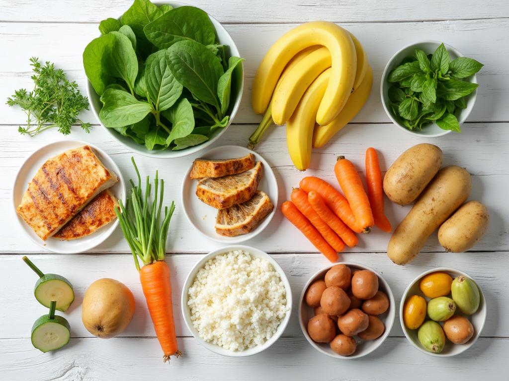 SIBO-freundliche Lebensmittel auf einem Tisch arrangiert